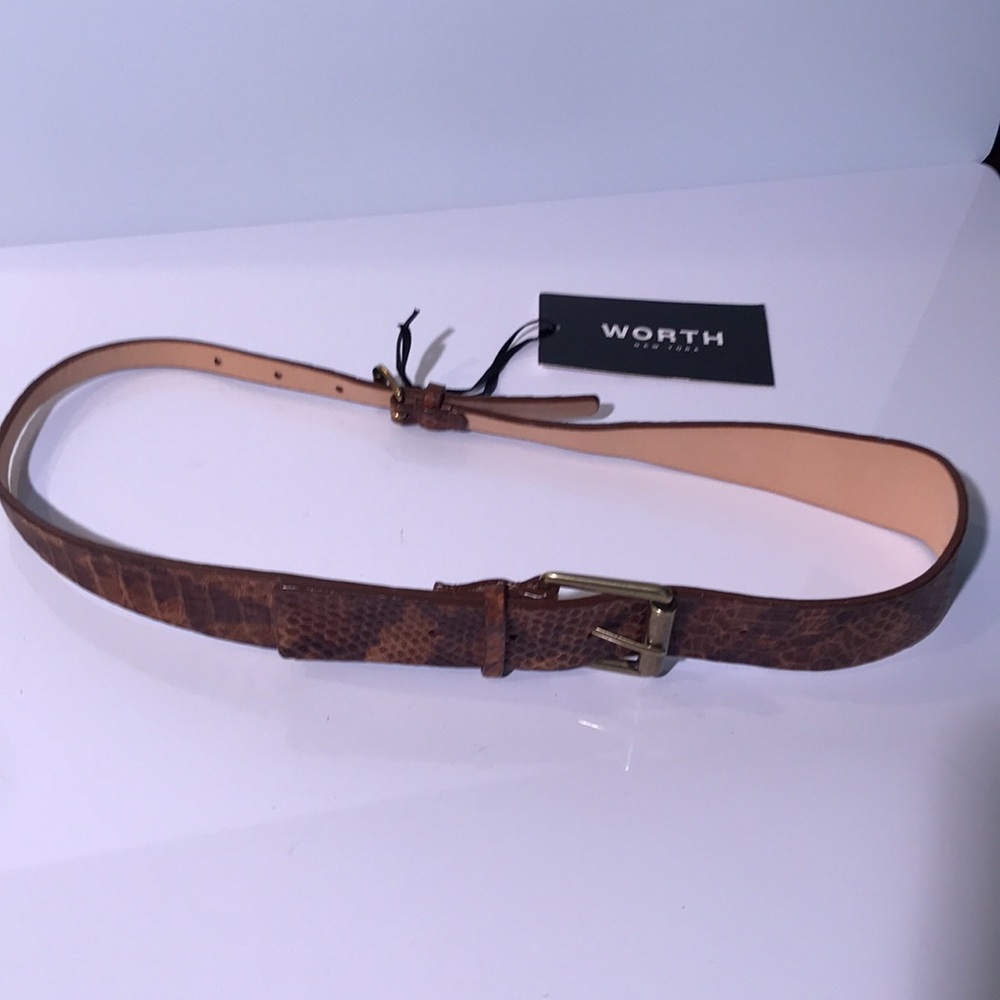 Worth New York Leather Embossed Python Double Buckle Belt Brown Size P NWT